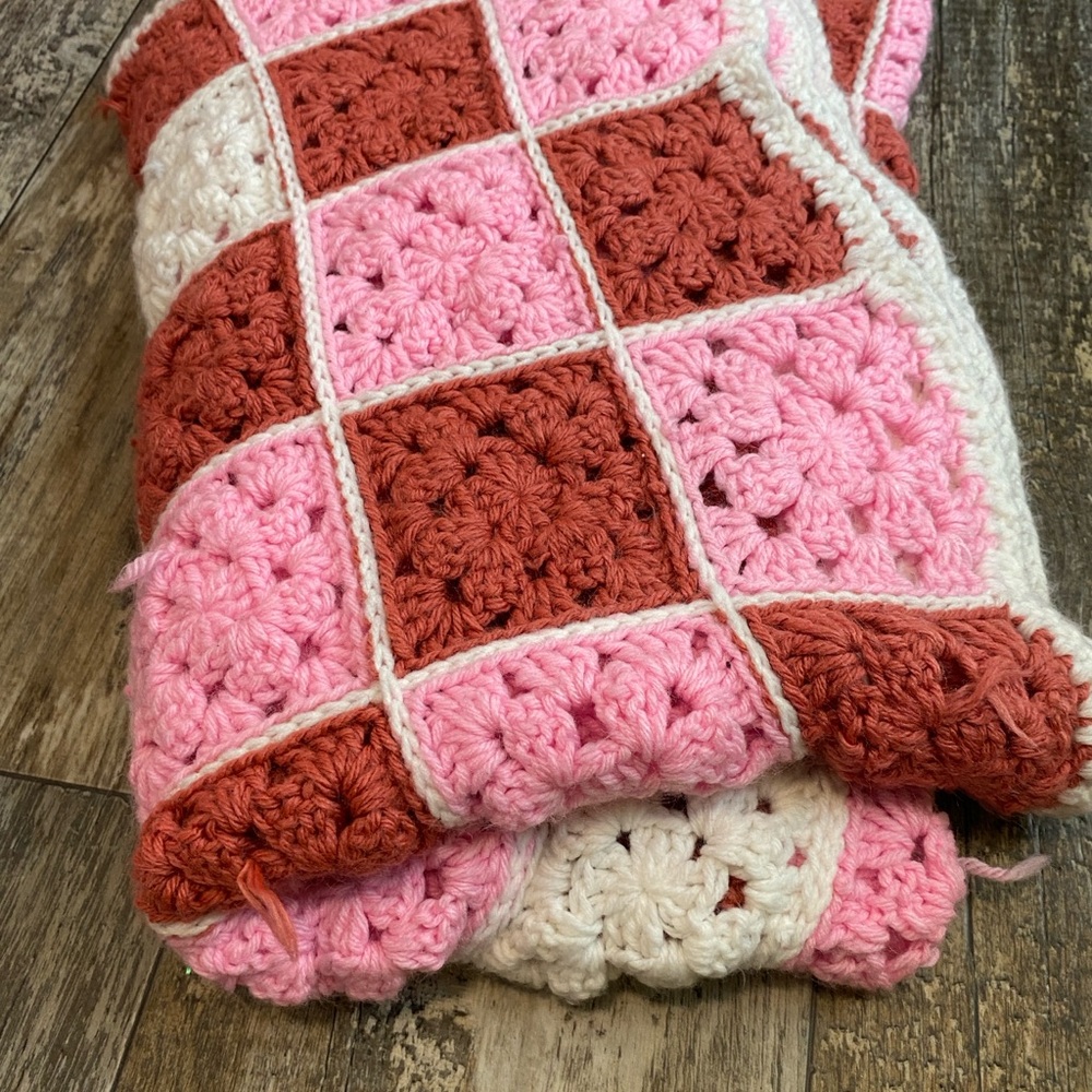 Handmade Crochet Granny Square Blanket - Pink, Rust & Cream